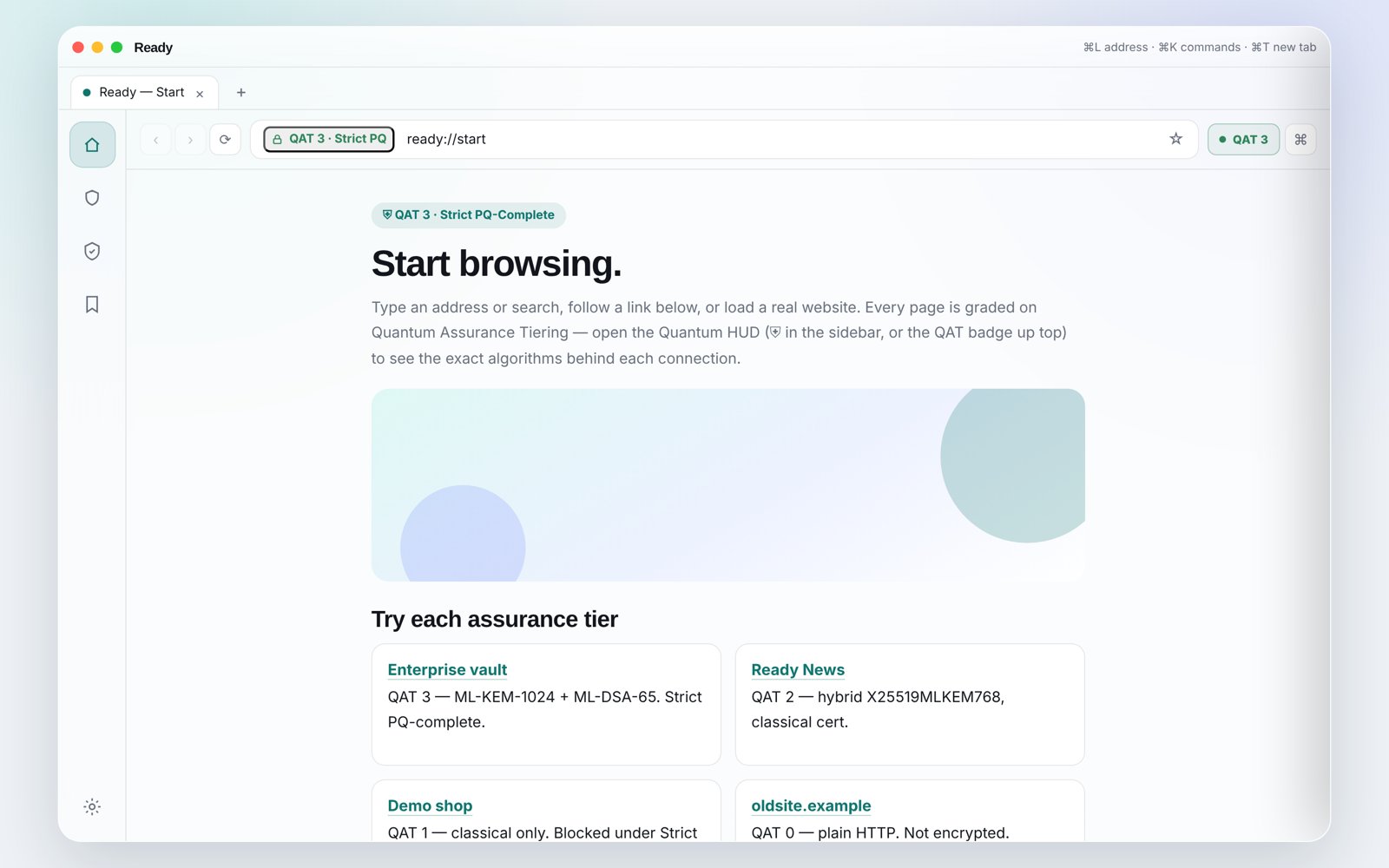 Ready post-quantum browser prototype showing the QAT grade in the address bar and the Quantum HUD