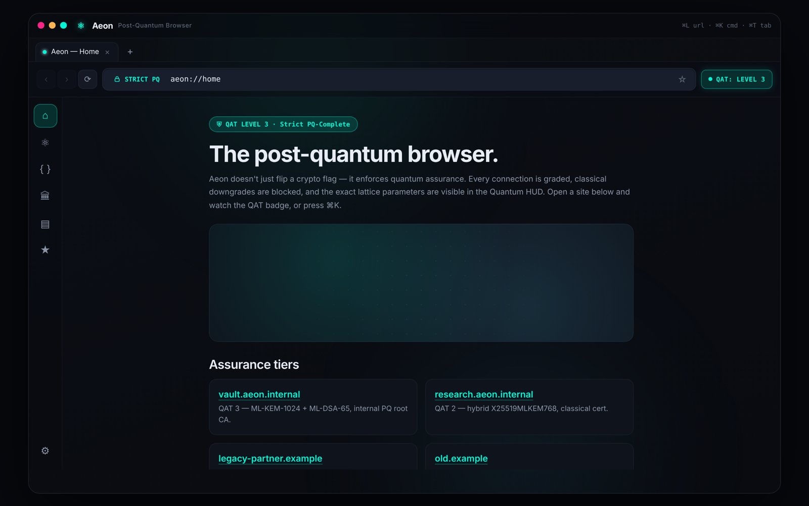 Aeon post-quantum browser prototype showing the Quantum Security Console with handshake pipeline and lattice key inspector